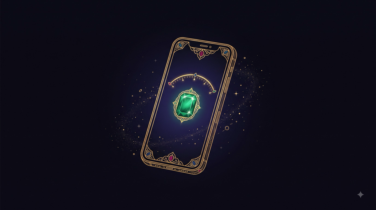 A gold-lined phone glowing with an emerald score gem