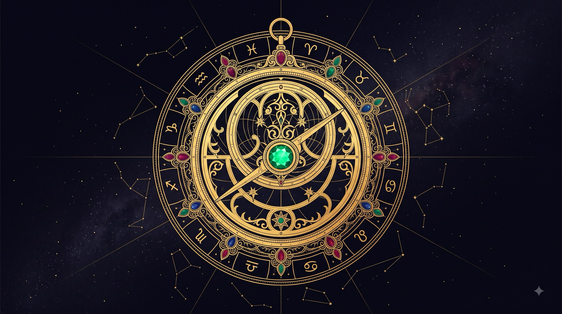 A gold celestial timing instrument set against the deep cosmic void