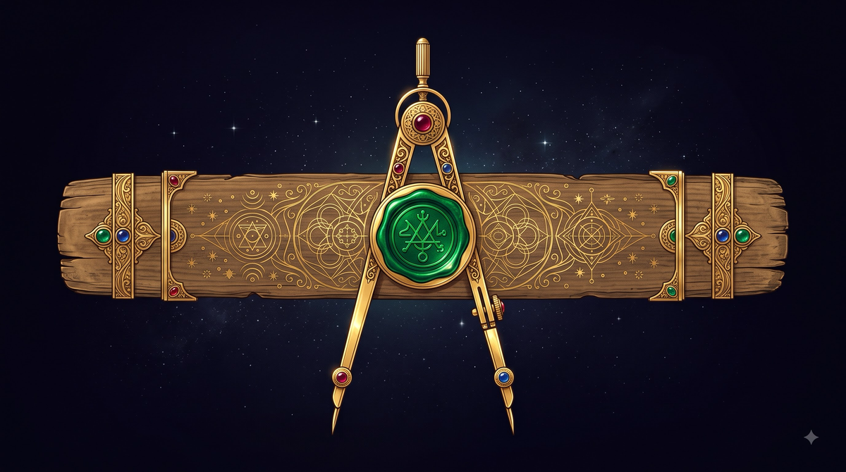 An ancient manuscript crossed with a precise modern compass, rendered in gold