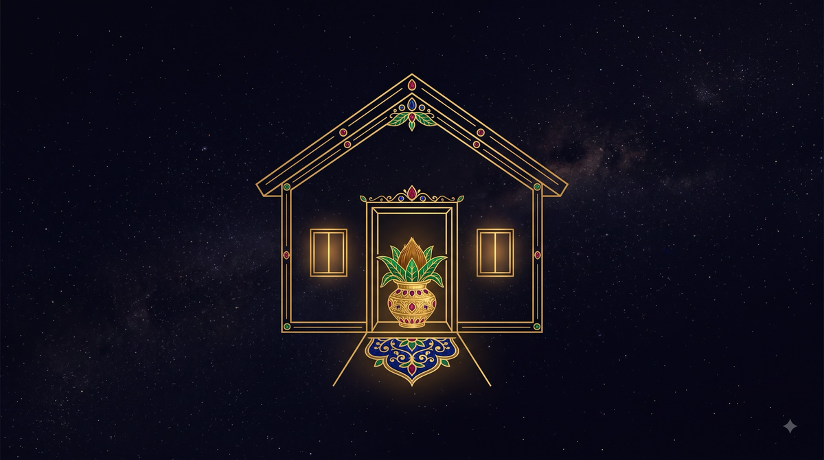 Griha Pravesh muhurat — gold-line illustration