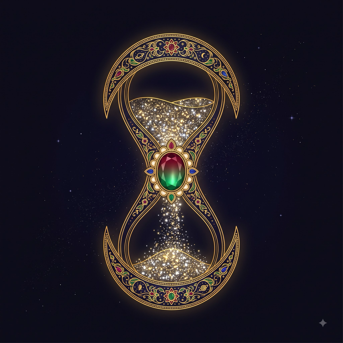 A celestial hourglass of falling starlight in fine gold lines