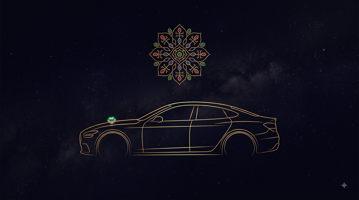 Vehicle Purchase muhurat — gold-line illustration